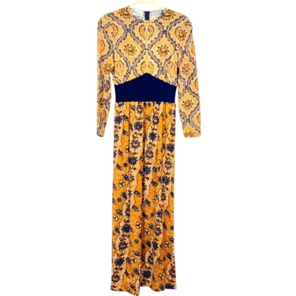 Vintage Goldworm Wool LS Print Maxi Dress Orange / Blue Size 6 Pre-Loved